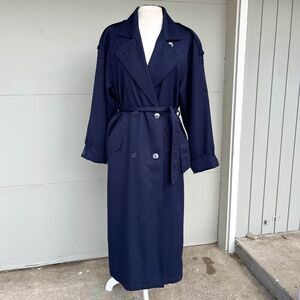 J. Gallery Navy Blue Long Trench Coat Belted Double Breasted Classic 80s/90s